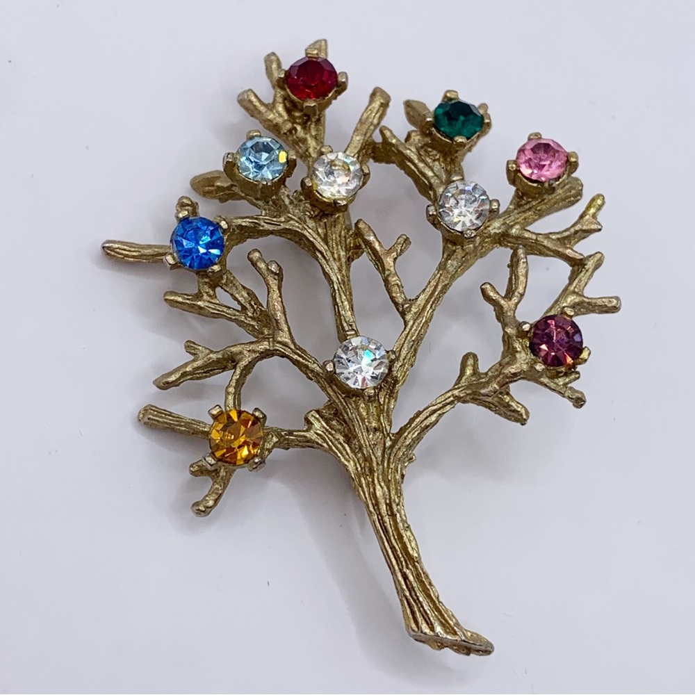 Vintage gold tree of life brooch with colorful rhinestones 15k HGE